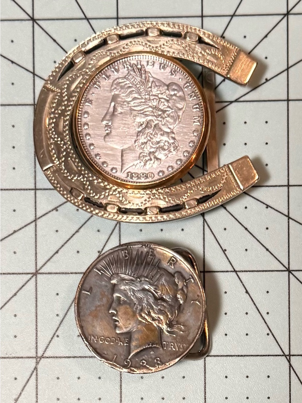Lucky Horseshoe 1880 & 1923 Morgan Silver Dollar Lot Of 2 Rare Belt Buckles